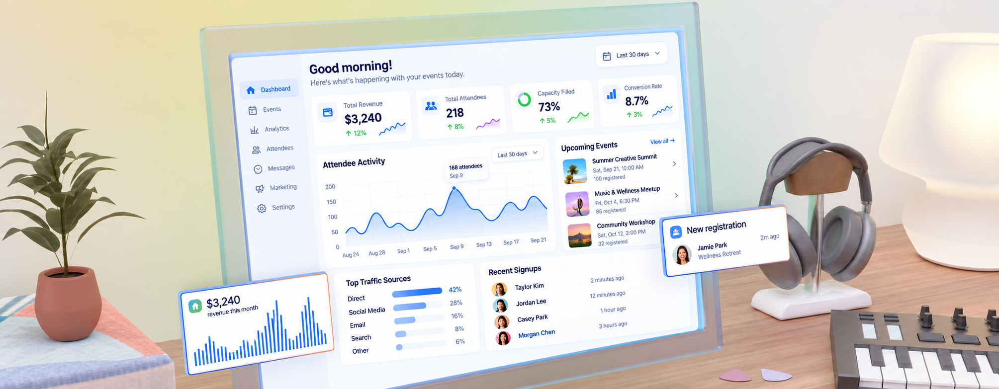 Retreat dashboard on an angled translucent glass panel, with revenue charts, attendee activity, upcoming events, and floating registration cards in a clay-style desk scene.