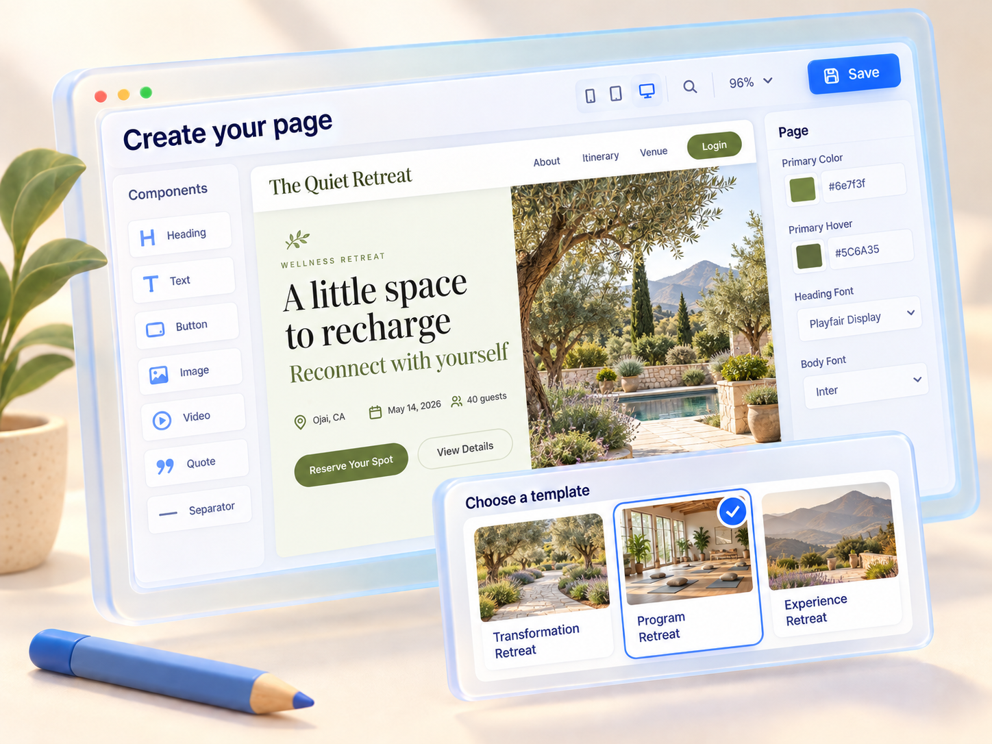 Retreat page editor with a choice of templates and customizable colors