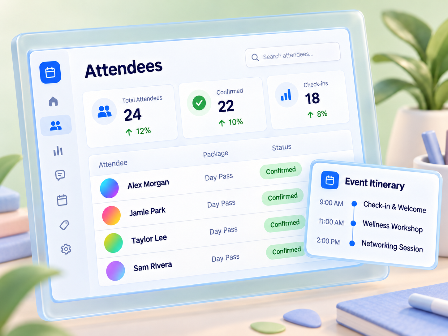 Attendee dashboard with confirmed guests and an event itinerary