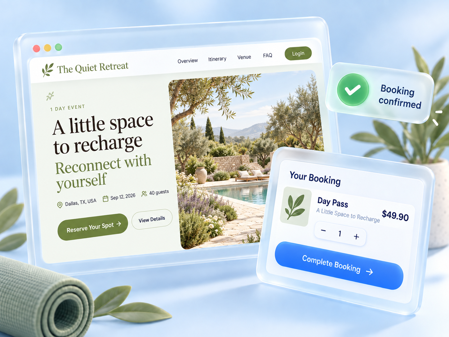 Published retreat page with a day-pass checkout and booking confirmation