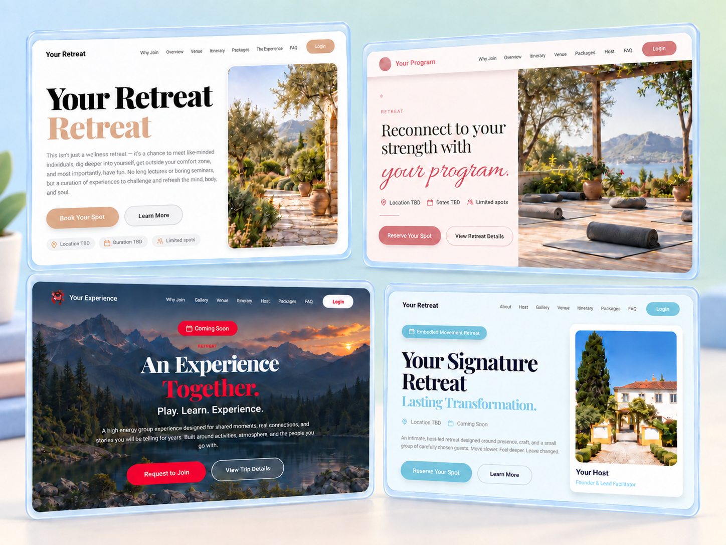 Transformation, Program, Experience, and Signature retreat templates on translucent glass panels